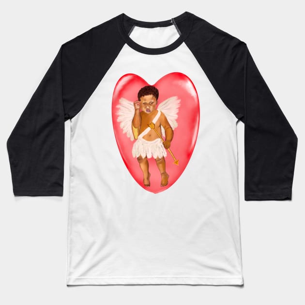 The Best Valentine’s Day Gift ideas 2022, Confused Cupid in a Redbubble .... baby angel holding an arrow - In a contemplative pose with curly Afro Hair and gold arrow Baseball T-Shirt by Artonmytee